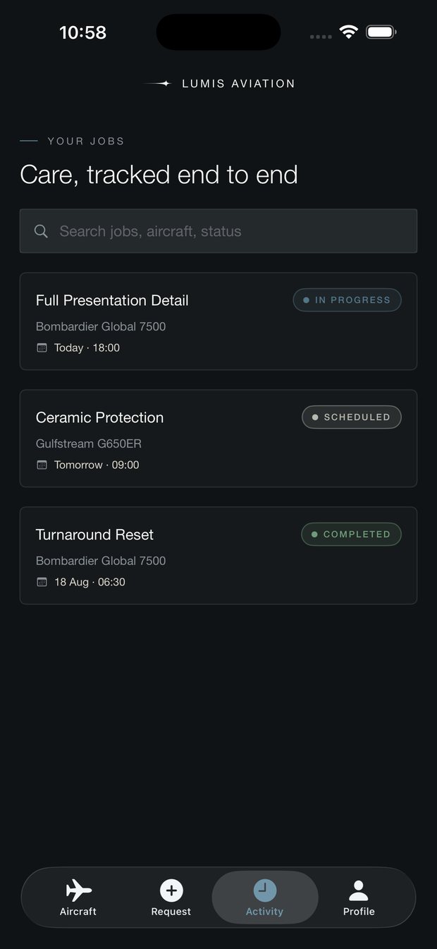 A live activity feed of services tracked from scheduled to completed.