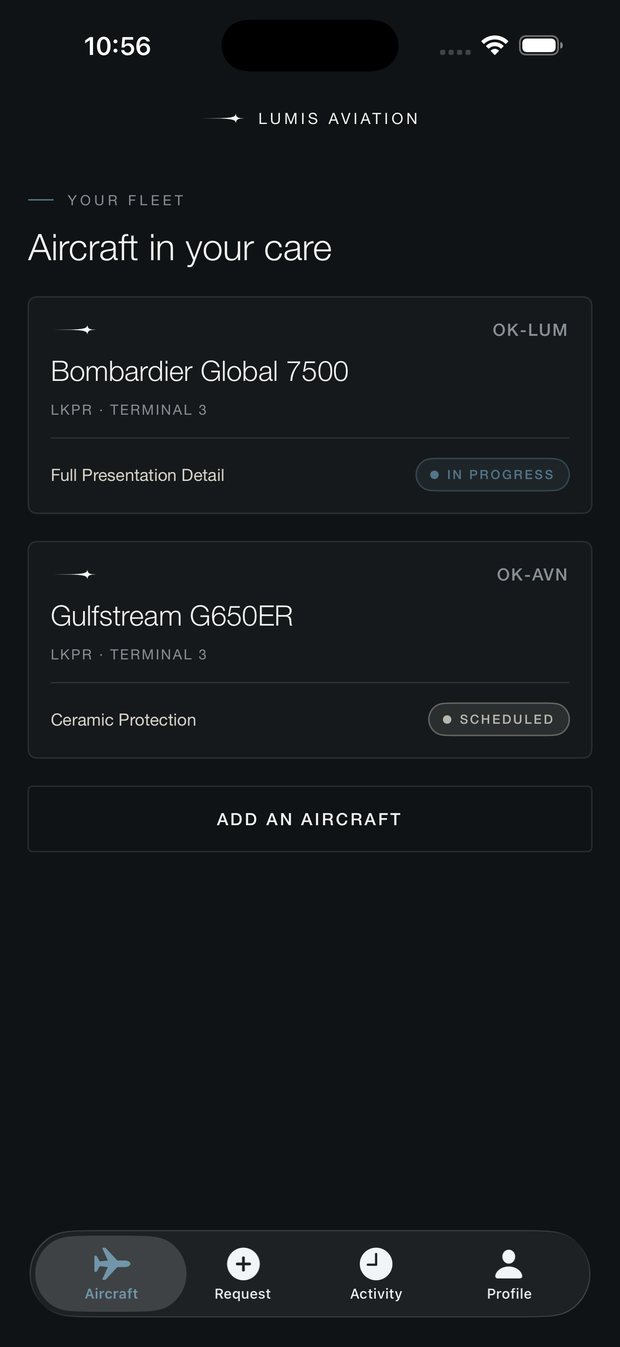 The Lumis app showing a client's fleet — each aircraft with its home base and current service status.