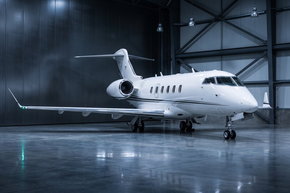 Midsize business jet in a hangar