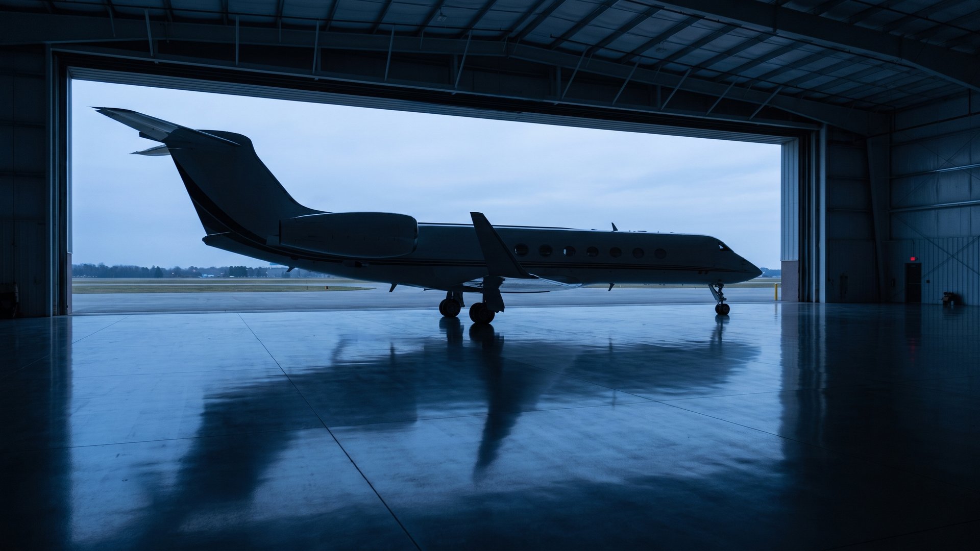 A private jet in a dark hangar at blue hour