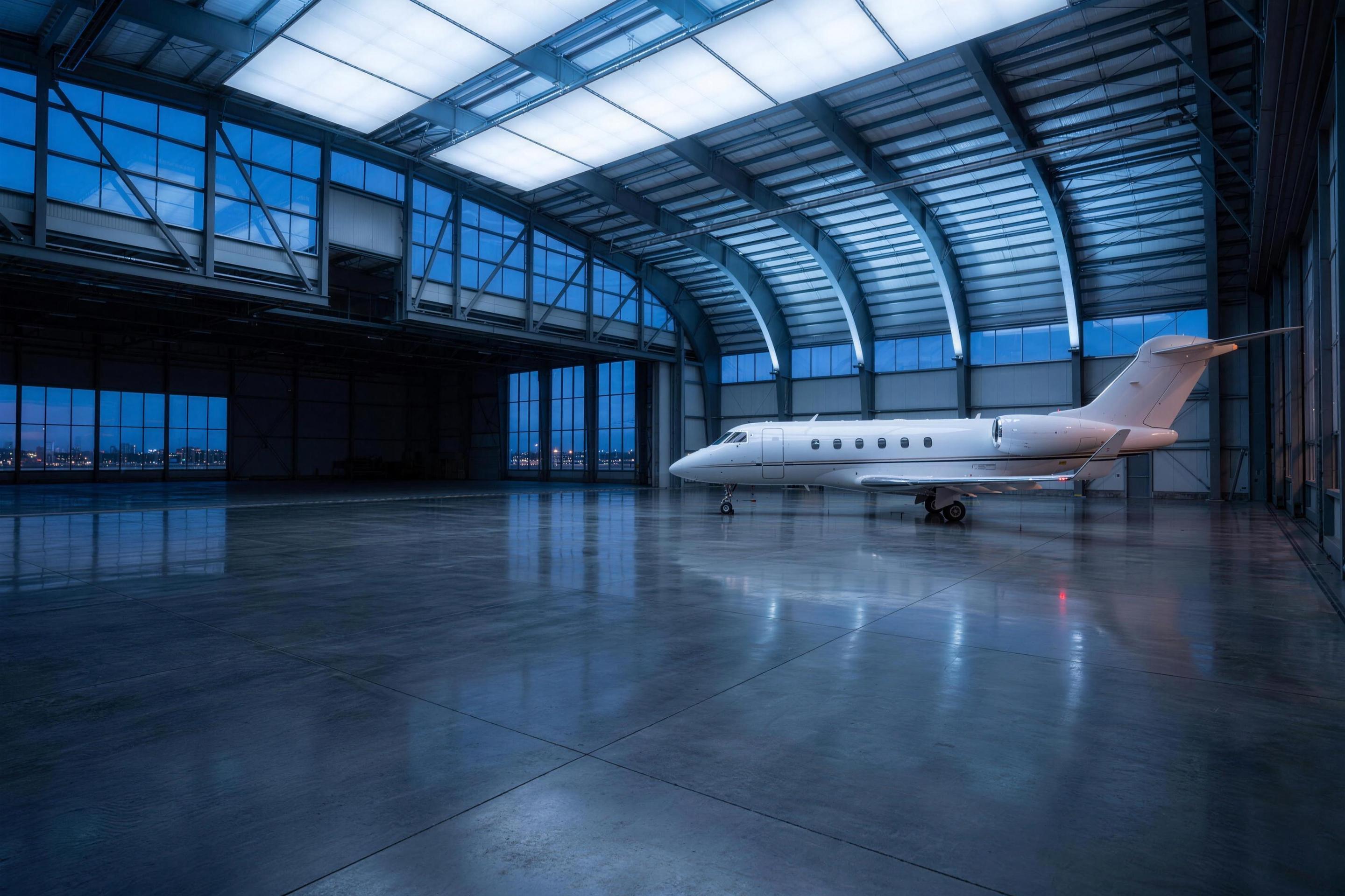 A private jet parked in a pristine modern hangar at blue hour