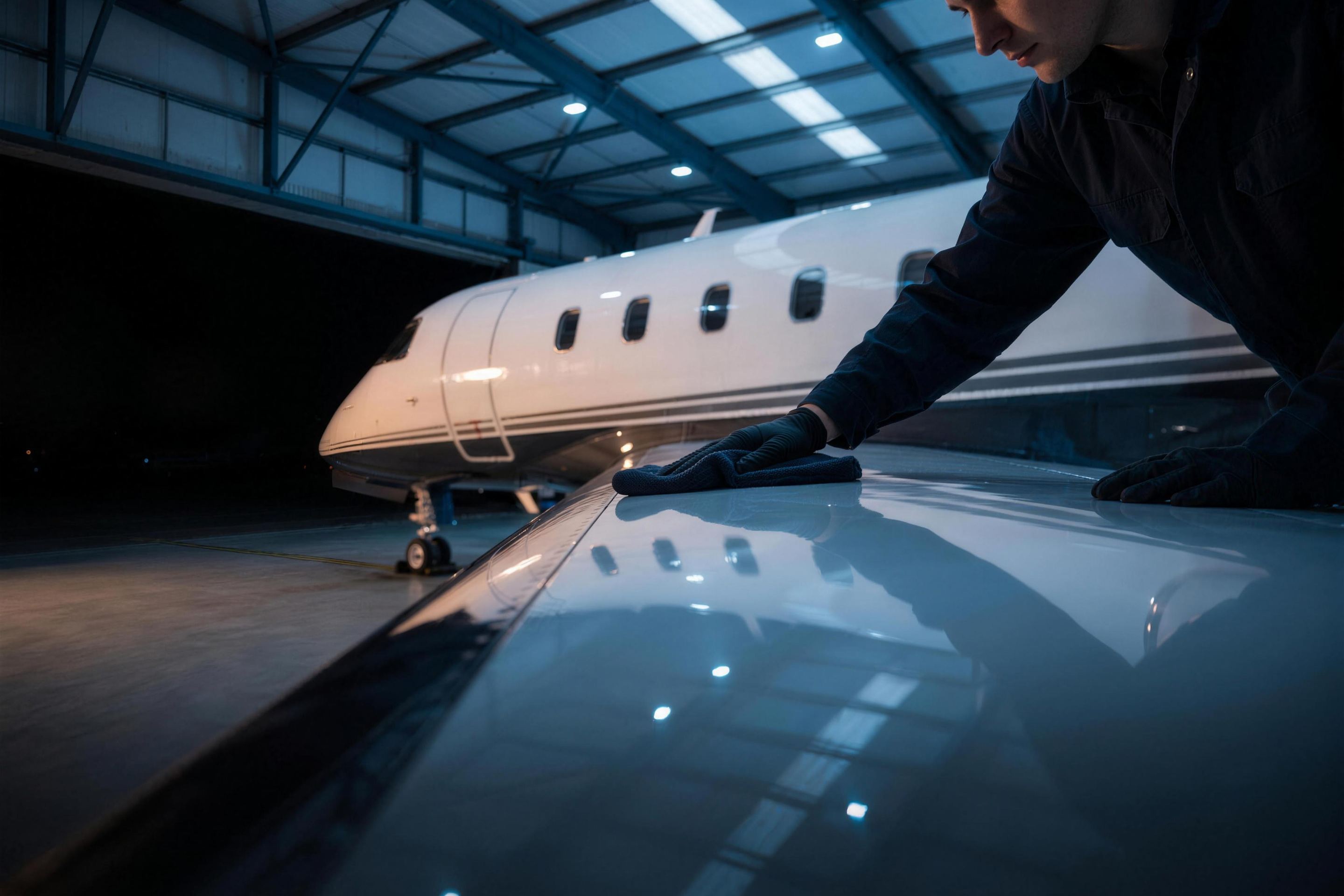 A detailer polishing the mirror finish of a private jet's wing in a moody hangar